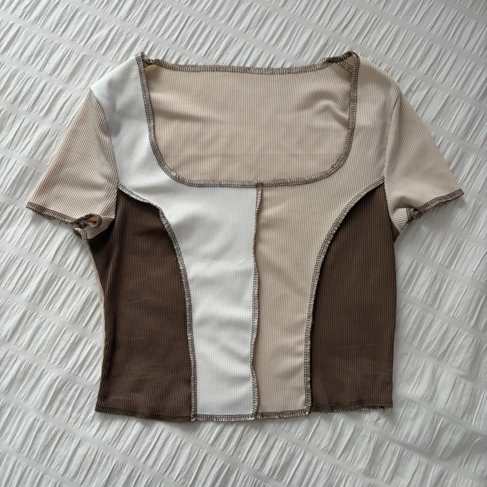 SHEIN Colorblock Square Neck Short Sleeve Crop Top - Cream, White & Brown